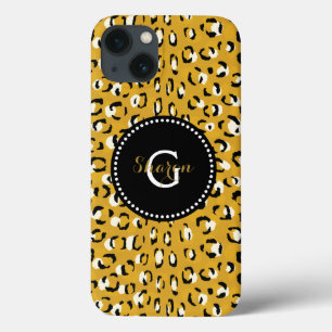Modern chic gold cheetah print pattern monogram iPhone 13 case