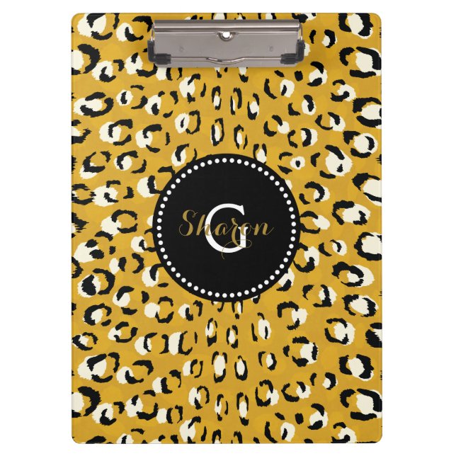 Modern chic gold cheetah print pattern monogram clipboard (Front)