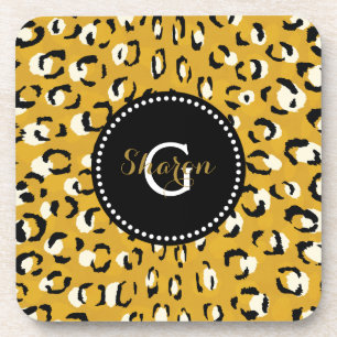 Modern chic gold cheetah print pattern monogram coaster