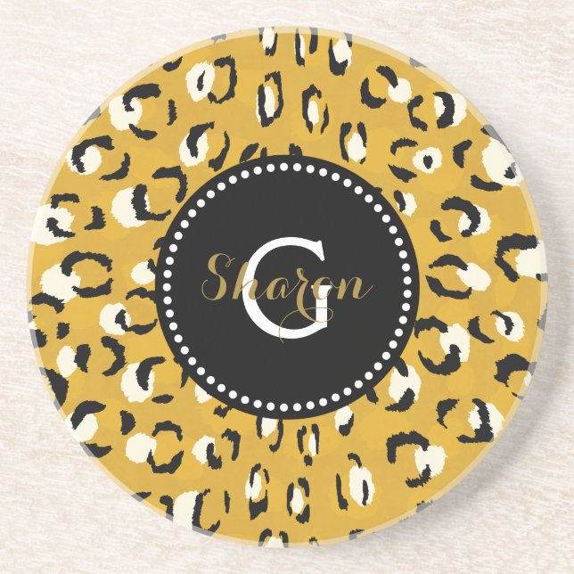Modern chic gold cheetah print pattern monogram coaster (Front)
