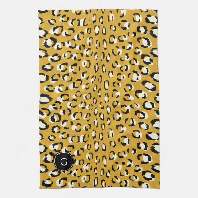 Modern chic gold cheetah print pattern monogram tea towel (Vertical)