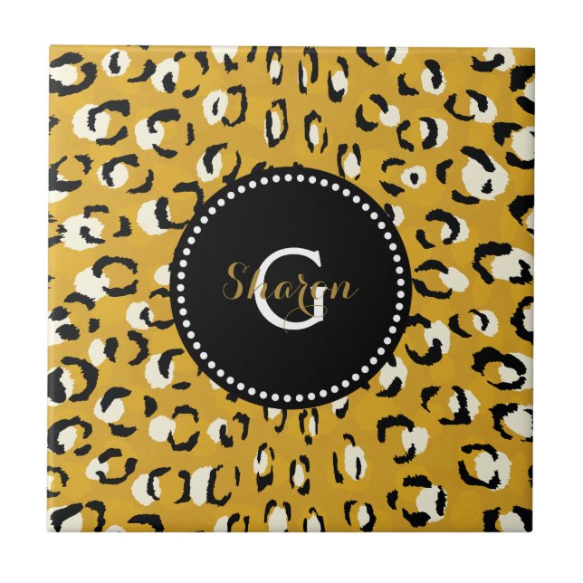 Modern chic gold cheetah print pattern monogram tile (Front)