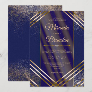 Modern Chic Gold Confetti Navy Blue Wedding Invitation