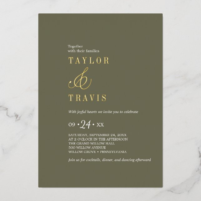 Modern Chic Gold Foil Olive Green Casual Wedding  (Front)