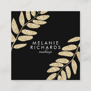 Modern chic gold glitter leaves black makeup square business card