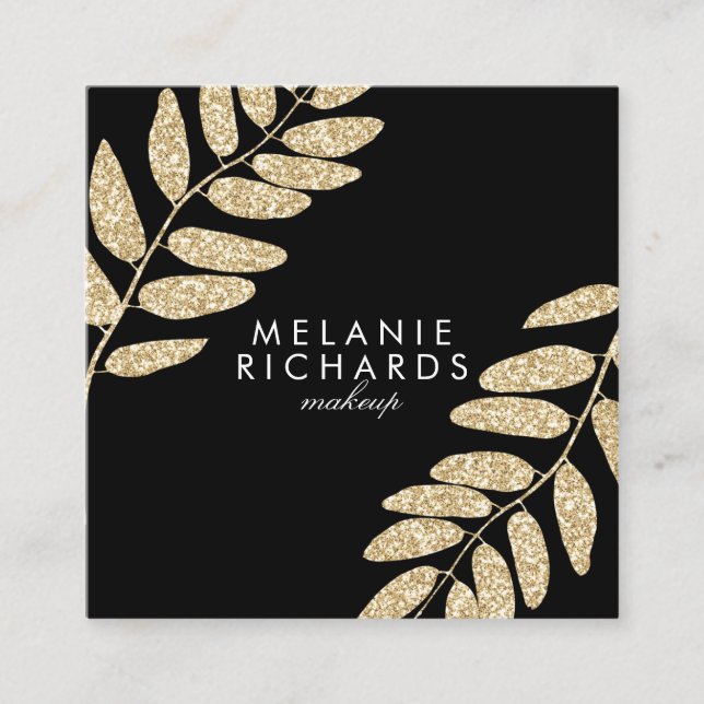 Modern chic gold glitter leaves black makeup square business card (Front)