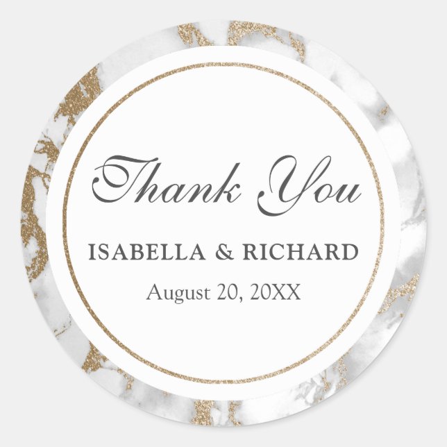 Modern Chic Gold Glitter Marble Thank You Classic Round Sticker (Front)