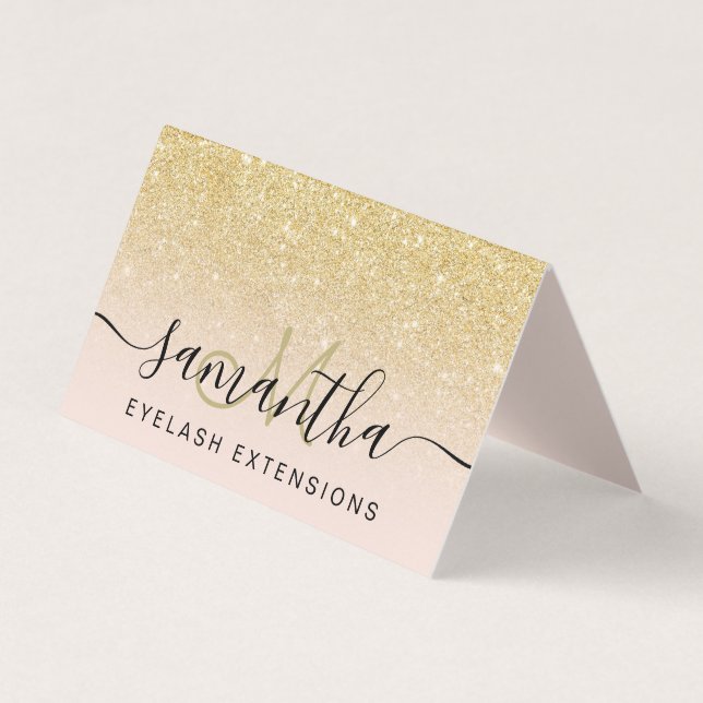 Modern chic gold glitter ombre blush eye aftercare business card (Front)