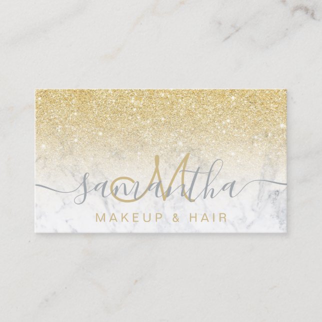 Modern chic gold glitter ombre marble makeup hair business card (Front)