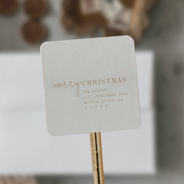 Modern Chic | Gold Merry Christmas Return Address Square Sticker (Creator Uploaded)