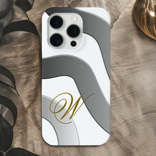 Modern chic gold monogram abstract white grey line Case-Mate iPhone case (Creator Uploaded)