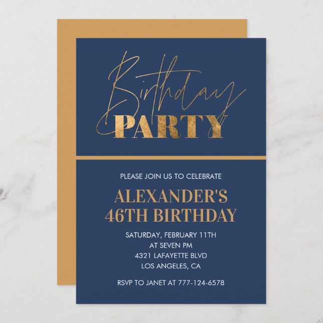  Modern Chic Gold Navy blue 46th birthday party Invitation (Front/Back)