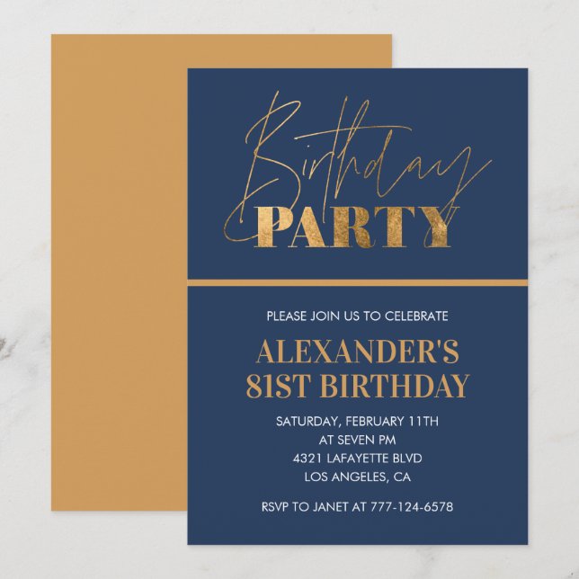  Modern Chic Gold Navy blue 81st birthday party Invitation (Front/Back)