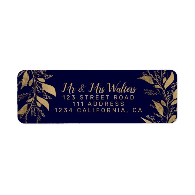Modern chic gold navy blue branch script wedding (Front)