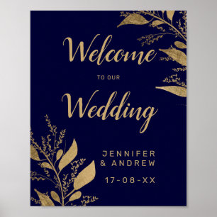 Modern chic gold navy blue branch wedding welcome poster