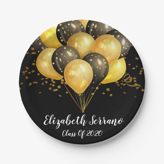 Modern Chic Gold On Black Balloons And Confetti Paper Plate (Front)