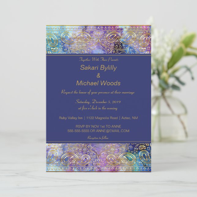 Modern Chic Gold Paisley  Invitation (Standing Front)