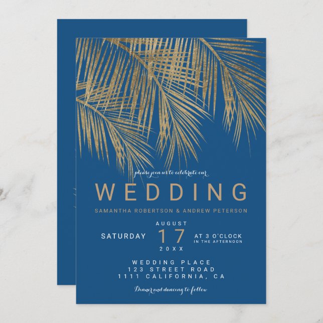 Modern chic gold palm tree elegant blue wedding invitation (Front/Back)