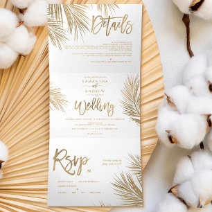 Modern chic gold palm tree elegant wedding Tri-Fold invitation