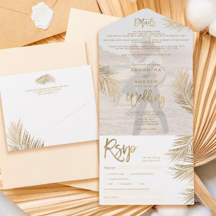 Modern chic gold palm tree tropical wedding photo all in one invitation