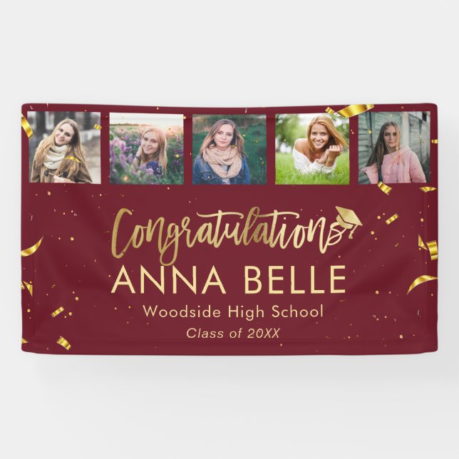 Modern Chic Gold Script Photo Collage Graduation Banner (Horizontal)