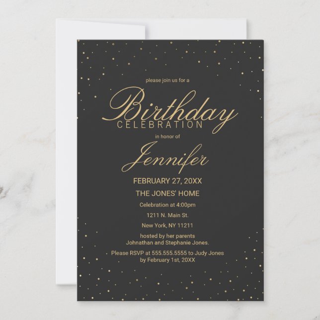 Modern Chic Gold Speckled on Black Birthday Party Invitation (Front)
