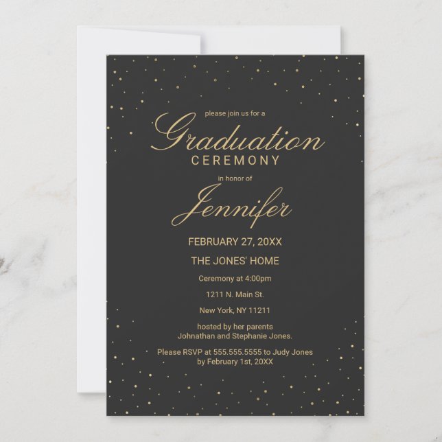 Modern Chic Gold Speckled on Black Graduation Invitation (Front)