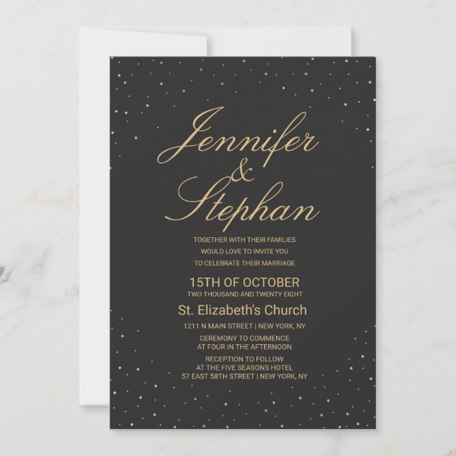 Modern Chic Gold Speckled on Black Wedding Invitation (Front)