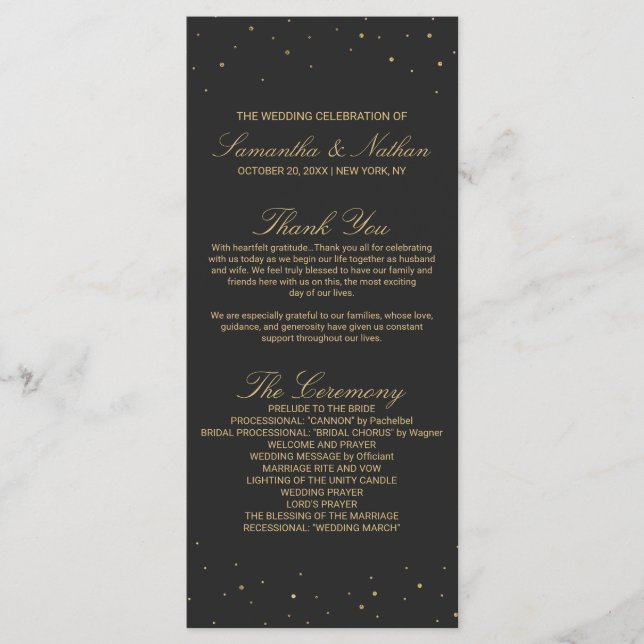 Modern Chic Gold Speckled on Black Wedding Program Programme (Front)