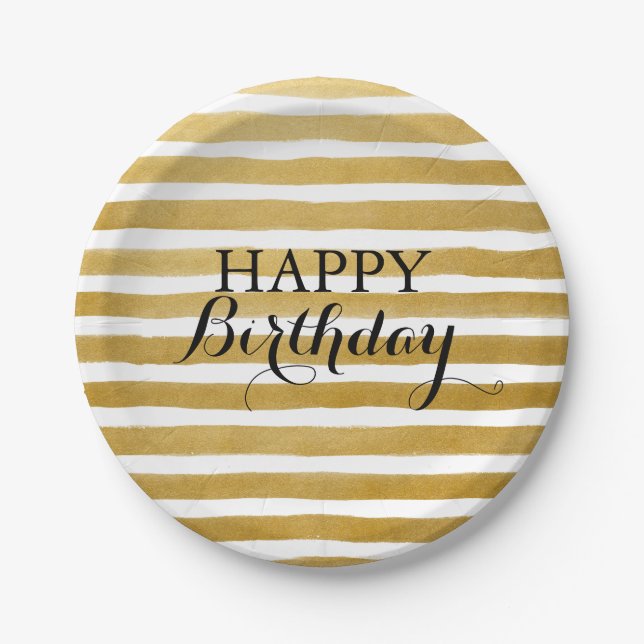 Modern Chic Gold Stripe Happy Birthday Party Paper Plate (Front)