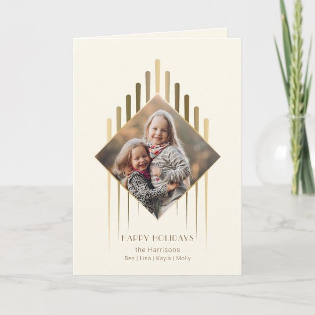 Modern Chic Gold Strokes w/Diamond-Shaped Photo Holiday Card (Front)