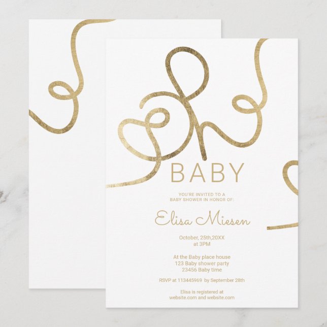 Modern chic gold white calligraphy Oh baby shower Invitation (Front/Back)