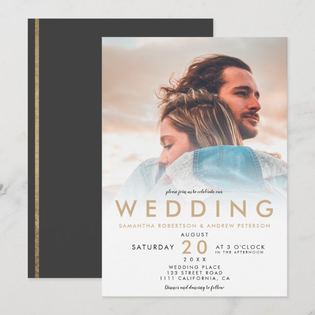 Modern chic gold white ombre simple photo wedding invitation (Front/Back)
