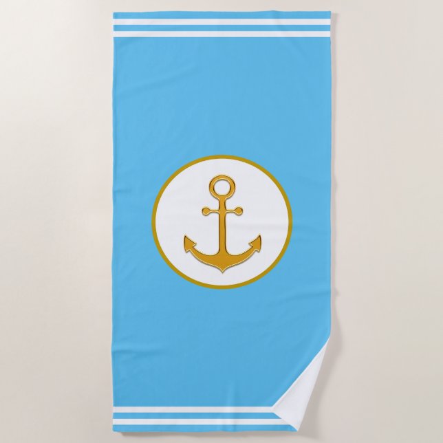Modern chic golden anchor on turquoise & white beach towel (Front)