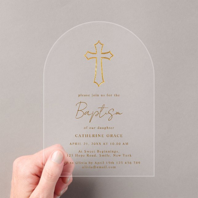 Modern Chic Golden Cross Typography Baptism Acrylic Invitations (Insitu (Handheld))