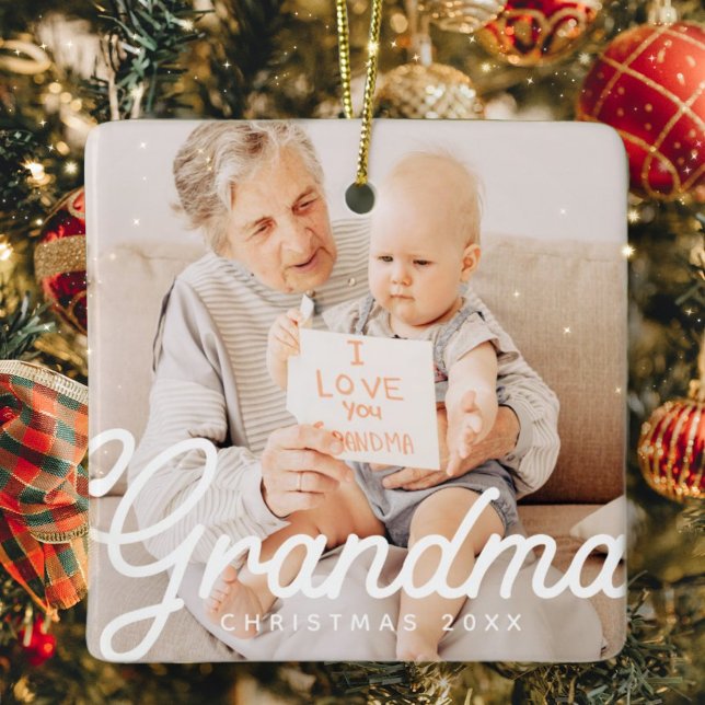Modern Chic Grandma Photo Christmas Holiday Ceramic Ornament (Creator Uploaded)