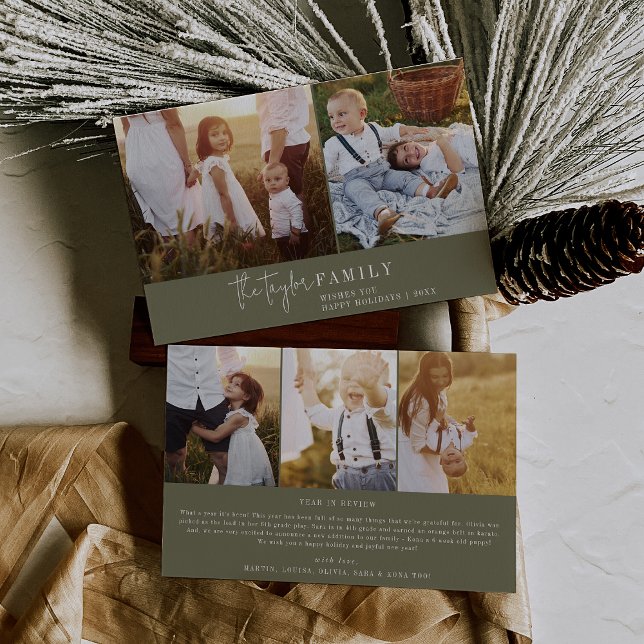 Modern Chic Green Family Photo Collage Newsletter Holiday Card (Creator Uploaded)