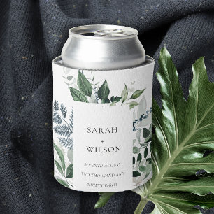 Modern Chic Green Leafy Tropical Foliage Wedding Can Cooler