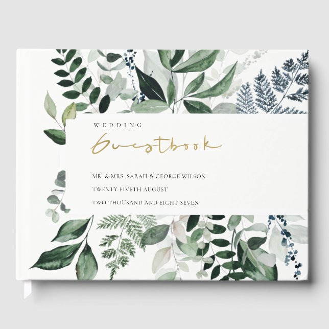 Modern Chic Green Leafy Tropical Foliage Wedding Guest Book (Front)