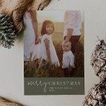 Modern Chic | Green Merry Christmas Photo Holiday Card<br><div class="desc">This modern chic green Merry Christmas photo holiday card is the perfect stylish holiday greeting. This simple boho design features classic sophisticated calligraphy in rustic olive green and white. Personalise the front of the card with a photo,  your family name and the year.</div>