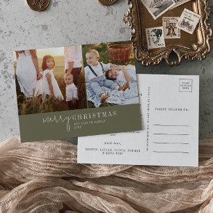 Modern Chic Green Photo Collage Christmas News Holiday Postcard