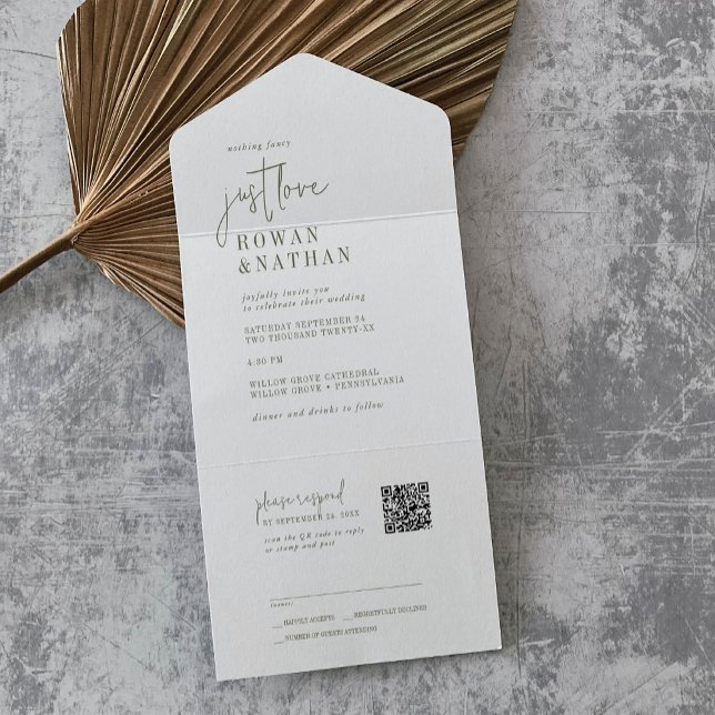 Modern Chic Green White Just Love QR Code Wedding All In One Invitation (Creator Uploaded)