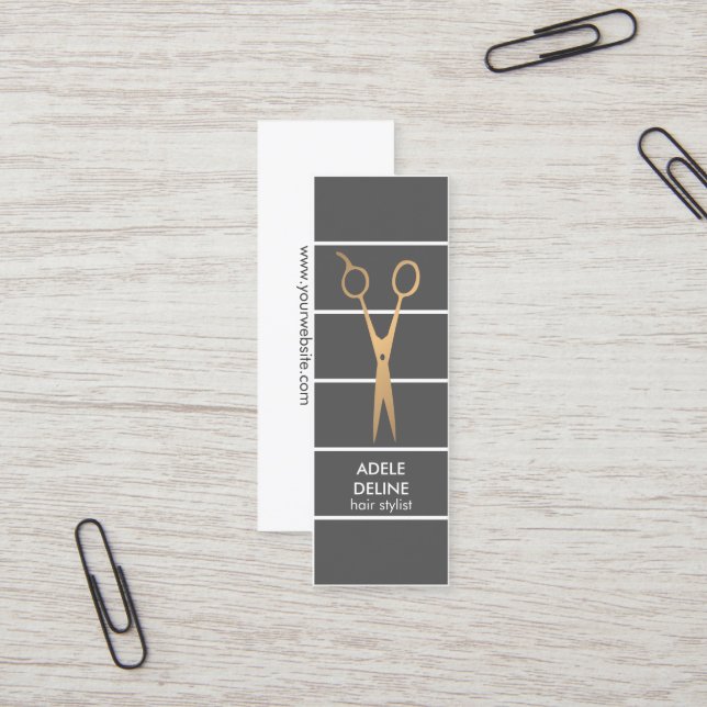 Modern Chic Grey Copper Scissor Hair Stylist Mini Business Card (Front/Back In Situ)