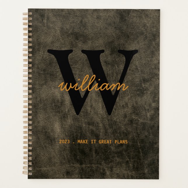 Modern chic grey leather script black monogram planner (Front)