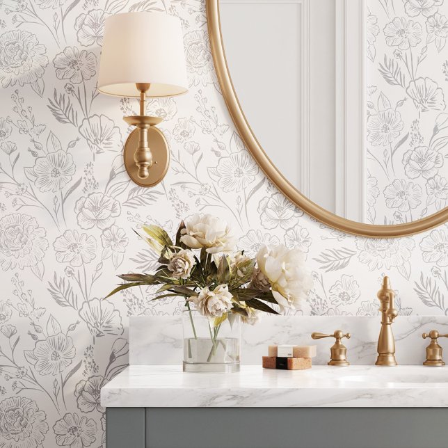 Modern Chic Grey Line Art Floral Foliage Pattern Wallpaper (Modern Chic Grey Line Art Floral Foliage Pattern Wallpaper)