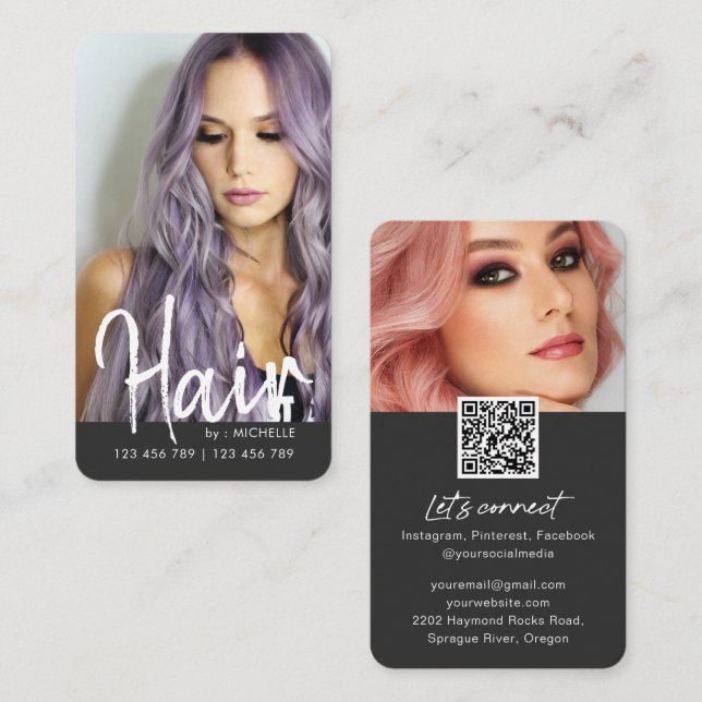 Modern chic Hair Stylish QR code photo Business Card (Front/Back)