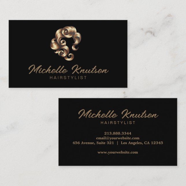 Modern Chic Hair Stylist Beauty Salon Black Gold   Business Card (Front/Back)