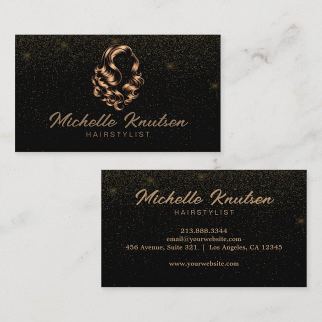Modern Chic Hair Stylist Beauty Salon Black Gold   Business Card (Front/Back)