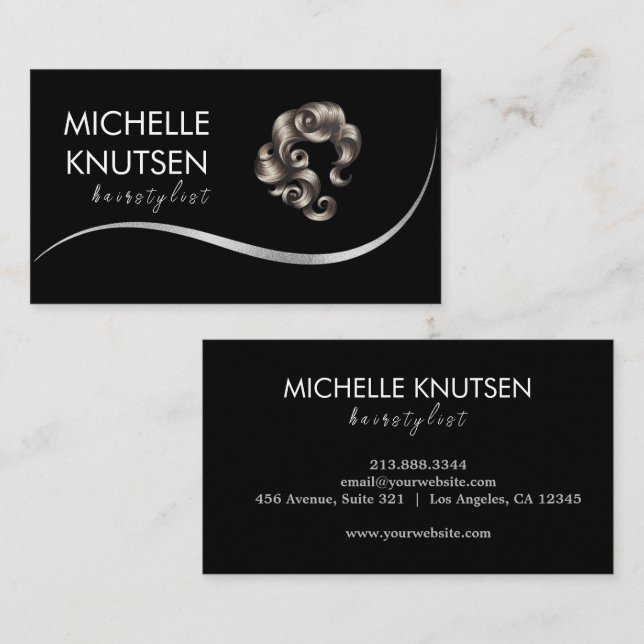 Modern Chic Hair Stylist Beauty Salon Black Silver Business Card (Front/Back)