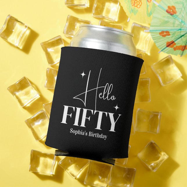 Modern Chic Hello Fifty 50th Birthday Black Can Cooler (In Situ Summer)